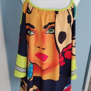 Art printed summer dress 3/4 sleeve open shoulder summer dress M